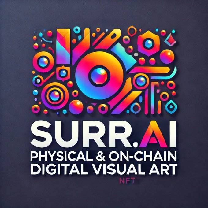 A vibrant, colorful digital art logo featuring geometric shapes with the text "SURR.AI PHYSICAL & ON-CHAIN DIGITAL VISUAL ART NFT" on a dark blue background.