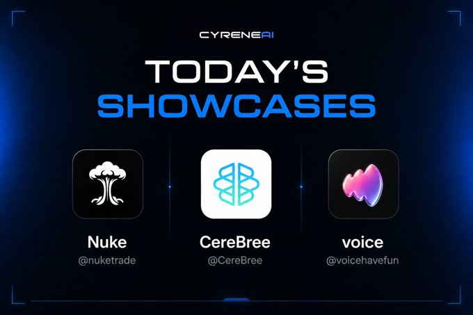 A dark promotional graphic for 'CYRENE AI' featuring 'TODAY'S SHOWCASES' with three featured accounts: 'Nuke @nuketrade', 'CereBree @CereBree', and 'voice @voicehavefun', each with distinct icons.