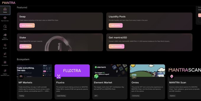 The image displays the MANTRA Zone homepage, featuring featured options for Swap, Stake, Liquidity Pools, and acquiring mantraUSD, along with an ecosystem section showcasing apps like MF Markets, Fluxtra, Element Market, Omies, and MANTRA Scan.