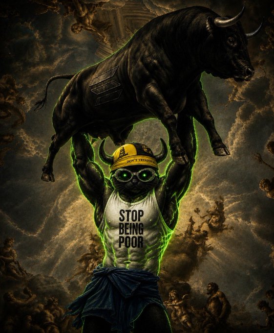 A digital artwork depicts a muscular figure wearing a "Don't Tread" cap and a "STOP BEING POOR" tank top, hoisting a black bull overhead in a classical Baroque-style scene.