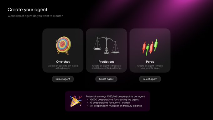 The interface displays three agent creation options—One-shot, Predictions, and Perps—each with a "Select agent" button, highlighting potential earnings of up to 1,550,466 Beeper points per agent based on creating points (10,000), trades (10 points each), and treasury multipliers (1.1x). This aligns with the post's message about creating an agent on app.justbeep.it to participate in "The Agentic Economy" and start earning Beeper Points.