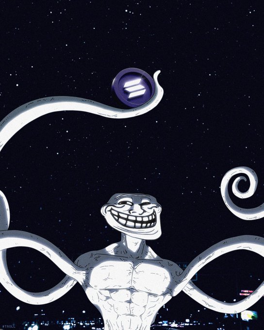 The image features the iconic Trollface meme rendered with muscular, tentacle-like limbs extending outward against a starry night sky, with a Solana ($SOL) logo floating above and the hashtag "#TROLL" visible at the bottom. This visual cleverly ties into the post's claim that the $TROLL token is a "free money printer," using the meme's grinning face and exaggerated, machine-like form to symbolize effortless crypto gains.