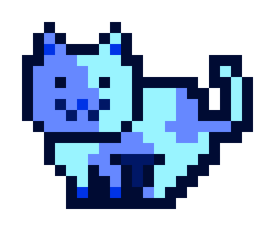 A pixel art image of a light blue cat with darker blue outlines.