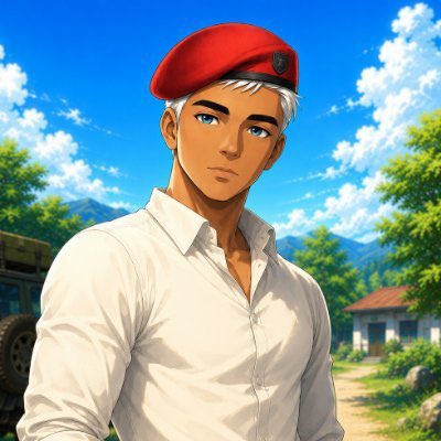 An anime-style illustration of a young man with silver hair and blue eyes, wearing a red beret and an open white shirt, standing outdoors with a landscape background.