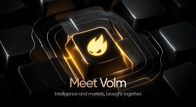 A promotional graphic with a glowing orange flame icon on a dark keyboard key reads 'Meet Volm: Intelligence and markets, brought together.'