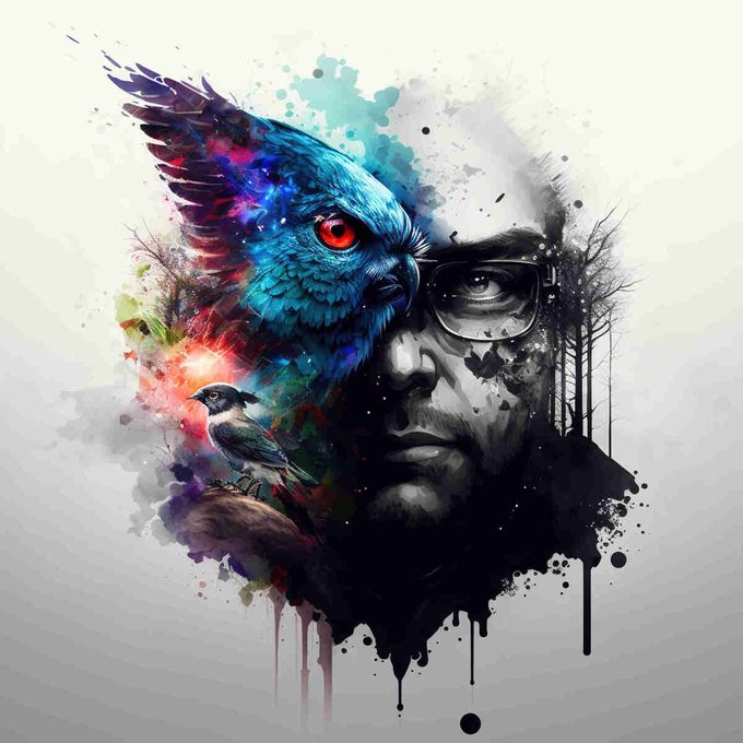 A digital art piece featuring a man's face with glasses merged with a blue owl with glowing red eyes, surrounded by colorful paint splashes and dripping ink.