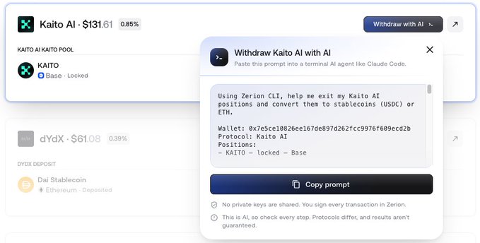 The image shows a Zerion interface displaying a portfolio with a $131.61 position in Kaito AI (KAITO) on Base and a $61.08 position in dYdX, along with a "Withdraw with AI" prompt for Claude Code containing wallet address 0x7e5ce10826ce167de897d262fcc9976f69ecd2b and KAITO withdrawal instructions. This visual supports the post by demonstrating how the Zerion CLI enables AI-assisted, self-custodial withdrawal of dormant DeFi positions.