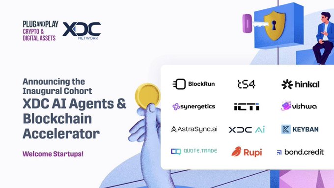 Promotional graphic from Plug and Play Crypto & Digital Assets and XDC Network announcing the inaugural XDC AI Agents & Blockchain Accelerator cohort, featuring partner logos including BlockRun, tS4, hinkal, synergetics, ICTI, vishwa, AstraSync.ai, XDC AI, KEYBAN, Quote Trade, Rupi, and bond.credit.