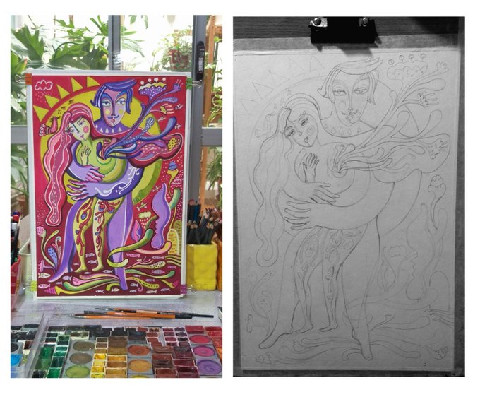 A side-by-side comparison shows a colorful finished painting on the left and its pencil sketch on the right, depicting a couple embracing in a decorative floral setting.