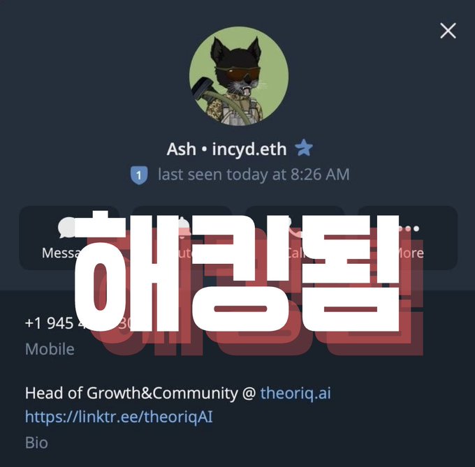 A Telegram profile page for "Ash · incyd.eth" (Head of Growth & Community @ theoriq.ai) is overlaid with large Korean text "해킹침" (meaning "Hacking Incident"), visually emphasizing the warning about a hacking attempt targeting crypto Telegram users.