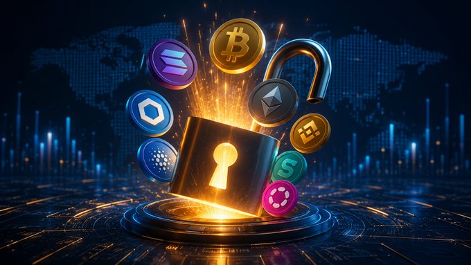 An unlocked padlock bursts open with golden sparks, releasing floating cryptocurrency tokens including Bitcoin ($BTC), Solana ($SOL), and Ethereum ($ETH) against a digital world map backdrop. The image symbolizes the release of locked tokens, visually reinforcing the post's warning about upcoming $1.5B+ in crypto unlocks—including $SUI, $ENA, and especially $HYPE—that could drive major market volatility in early September.