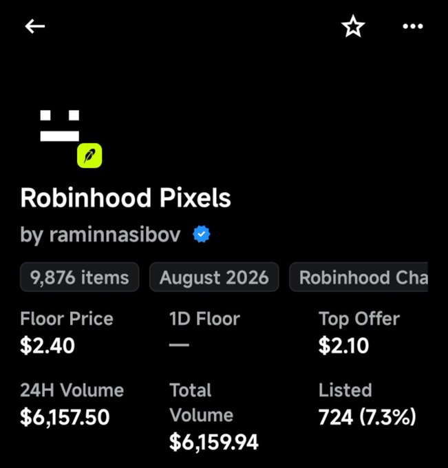 A mobile app screenshot showing a collection called 'Robinhood Pixels' by raminnasibov, featuring 9,876 items from August 2026, with a floor price of $2.40 and 24H volume of $6,157.50.