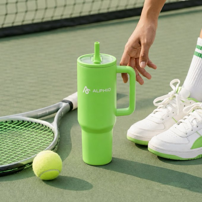 A green 'ALPHIO' branded tumbler with a straw and handle on a tennis court next to a racket, tennis ball, and white sneakers with green accents.