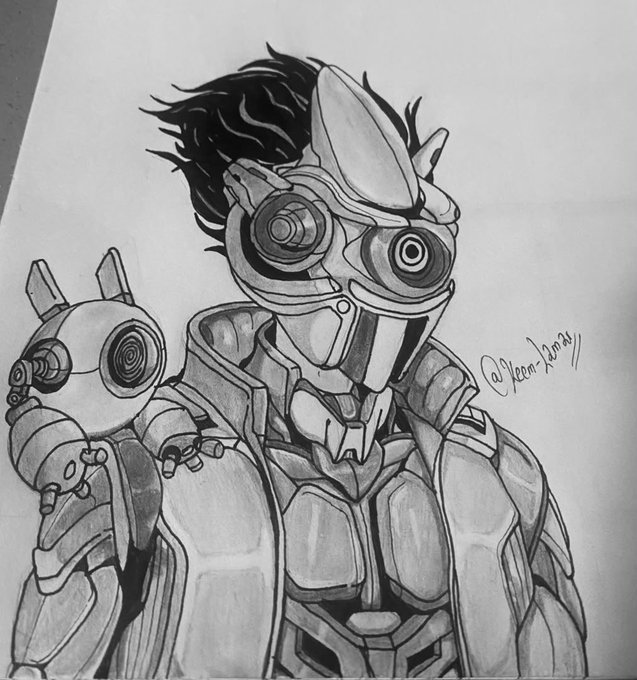 A hand-drawn pencil sketch depicts a futuristic cyborg character wearing a mechanical helmet with large circular lenses and armored plating, signed "@Reem-Ismai" on the right side. The artwork appears to be the hand-drawn piece the artist is sharing with the community, tagging @Kageuri_com while awaiting acknowledgment from @ModeXeth or @crypto_czar_eth.