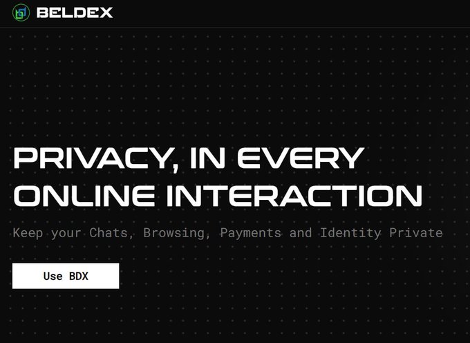 A dark-themed advertisement for BELDEX featuring the text 'PRIVACY, IN EVERY ONLINE INTERACTION' and a 'Use BDX' button.