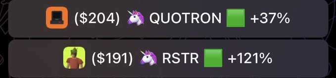 The image shows a trading leaderboard comparing two players: QUOTRON at $204 (+37%) and RSTR at $191 (+121%), with both gains shown in green boxes alongside unicorn emojis, setting up a competitive trading race.