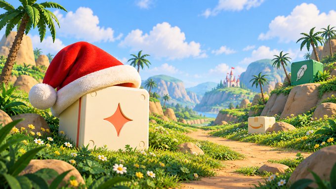 A 3D-rendered tropical landscape scene with a decorative cube wearing a red Santa hat in the foreground, with palm trees and a distant castle.