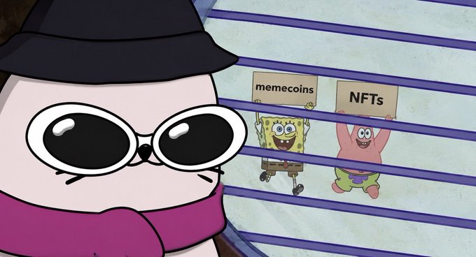 A SpongeBob meme showing a detective-like cat character in the foreground while SpongeBob and Patrick hold signs reading 'memecoins' and 'NFTs' in the background.