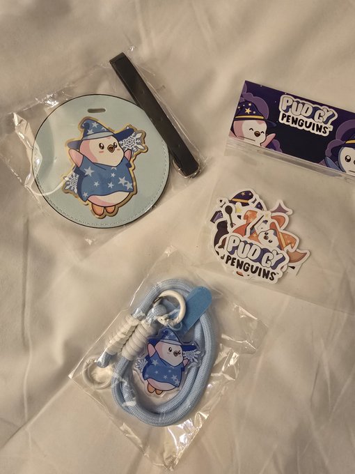 An assortment of 'Pudgy Penguins' merchandise including a circular coaster, stickers, a blue lanyard, and a sticker sheet featuring penguin characters, displayed on a white fabric surface.