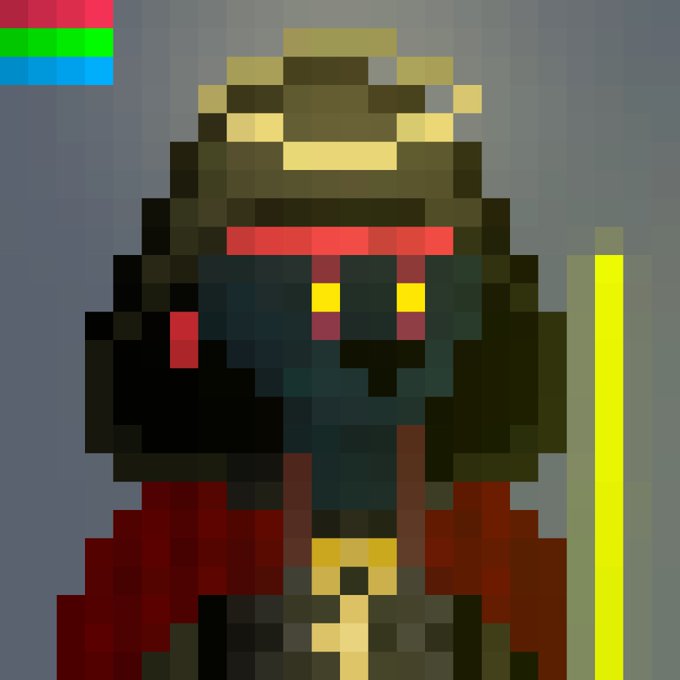A pixel-art portrait of a hooded figure with glowing yellow eyes and a red cloak/robe stands against a blue background, accompanied by a vertical yellow/green bar on the right—evoking the aesthetic of a CRT or retro display. The image visually supports the post's call to revive "cloaks" as cool character design, with @Nakamigos and @beeple tagged as references for this stylized NFT/avatar art style.