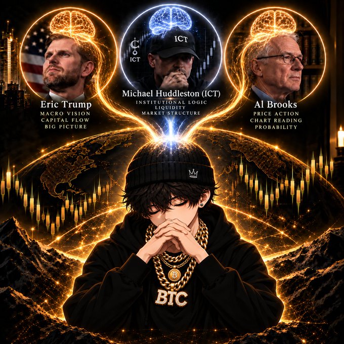 A stylized graphic shows an anime-styled figure in a black hoodie wearing a "BTC" chain, with three glowing brain illustrations above labeled "Eric Trump" (Macro Vision, Capital Flow, Big Picture), "Michael Huddleston (ICT)" (Institutional Logic, Liquidity, Market Structure), and "Al Brooks" (Price Action, Chart Reading, Probability). The image visually reinforces the post's claim that the writer's trading success is built upon methods inspired by Eric Trump, ICT (Michael Huddleston), and Al Brooks, presented as the "foundational" minds behind explosive BTC performance.