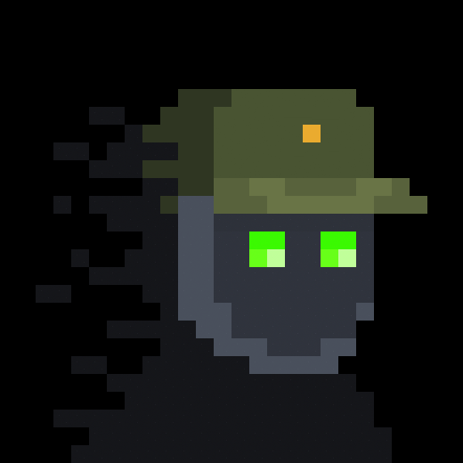 Pixel art illustration of a dark, shadowy character wearing a green military-style cap and a gray face with glowing green eyes.