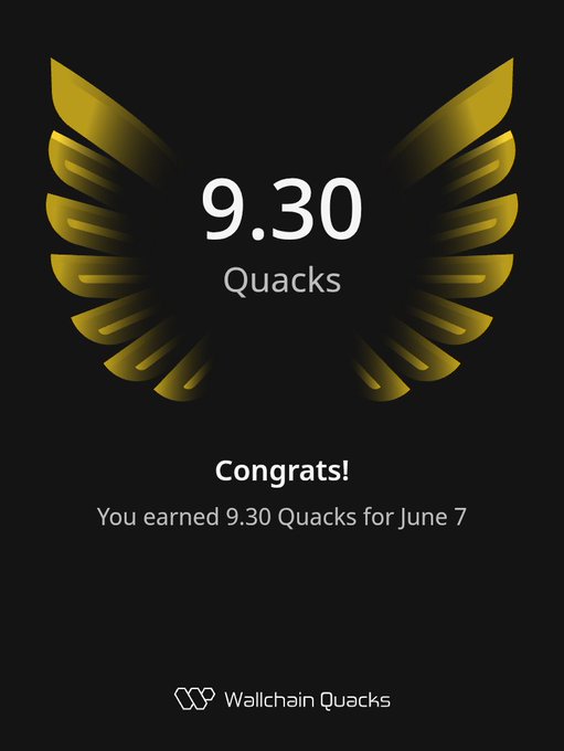 The image features a poster with a gold bird's wing design at the top, displaying the number 9.30 Quacks. The text below the bird's wing reads "gQuack, good evening Okay.. gQuack, good evening Okay., gQuack, good evening Okay.", which is likely part of an advertisement or promotional material for a cryptocurrency called gQuack. The poster also mentions that the user has earned 9.30 Quacks and has been rewarded with Quacks for June 7th.