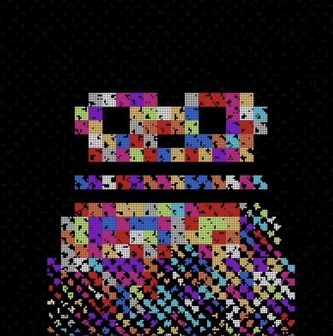 A pixel art composition on a black dotted background featuring Tetris-like colorful blocks forming the shape of a face or creature above the word 'METADREAM,' with cascading geometric patterns below.