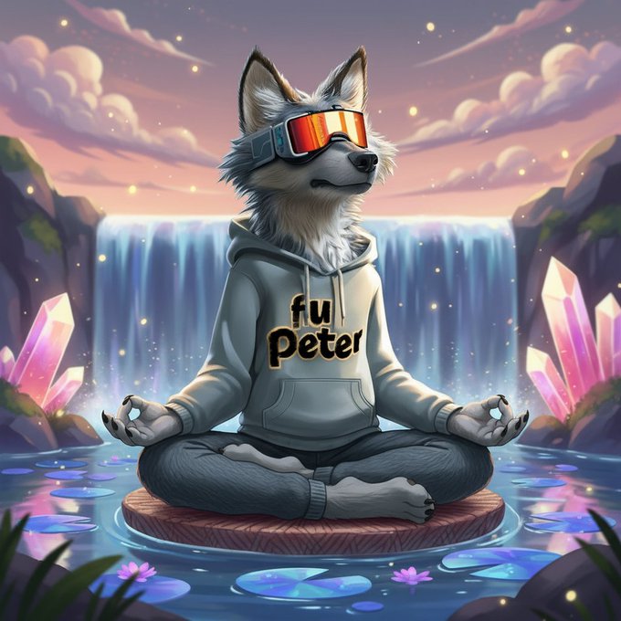 An anthropomorphic wolf wearing ski goggles meditates in a lotus pose by a waterfall, sporting a hoodie that reads "fu peter," with glowing crystals framing the serene scene. The image's zen, mystical vibe pairs with the post's "Missions Day" raffle, where holding a "grail" NFT and spinning a wheel can win special trait airdrops of $P3P3 tokens.