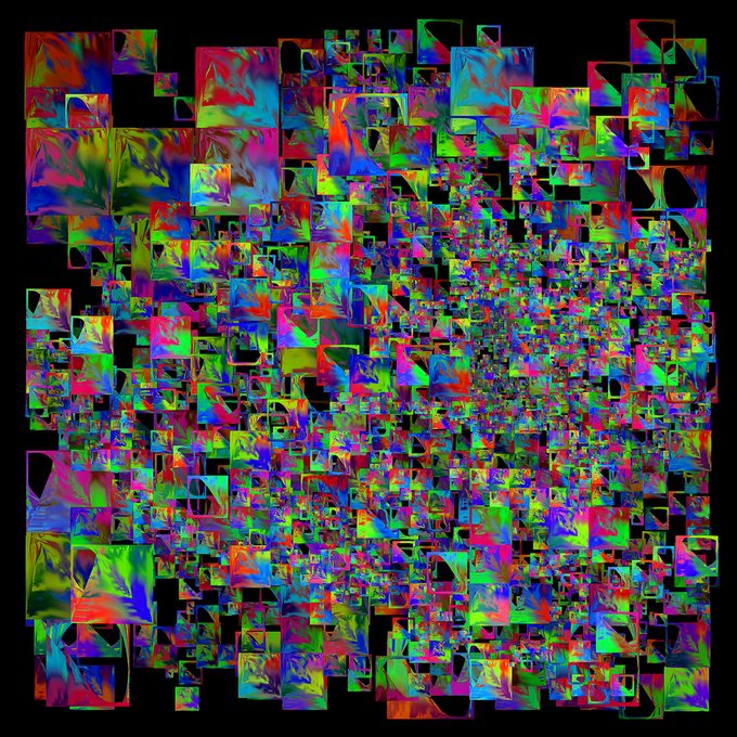 Abstract visualization showing a dense collection of small, colorful, distorted rectangular images/tiles against a black background, resembling neural network feature maps or AI-generated imagery.