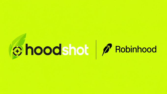 A bright green graphic displays the logos for 'hoodshot' and 'Robinhood' side-by-side, separated by a vertical line.