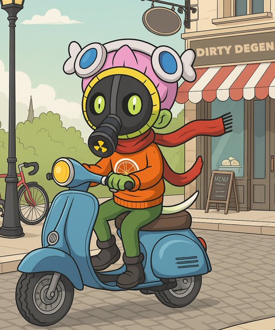 A cartoon character with green skin wearing a gas mask and pink fish-bone hat riding a blue scooter past a storefront labeled 'DIRTY DEGEN'.