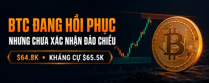 A Vietnamese financial graphic stating 'BTC ĐANG HỒI PHỤC NHƯNG CHƯA XÁC NHẬN ĐẢO CHIỀU' with Bitcoin at $64.8K and resistance at $65.5K.