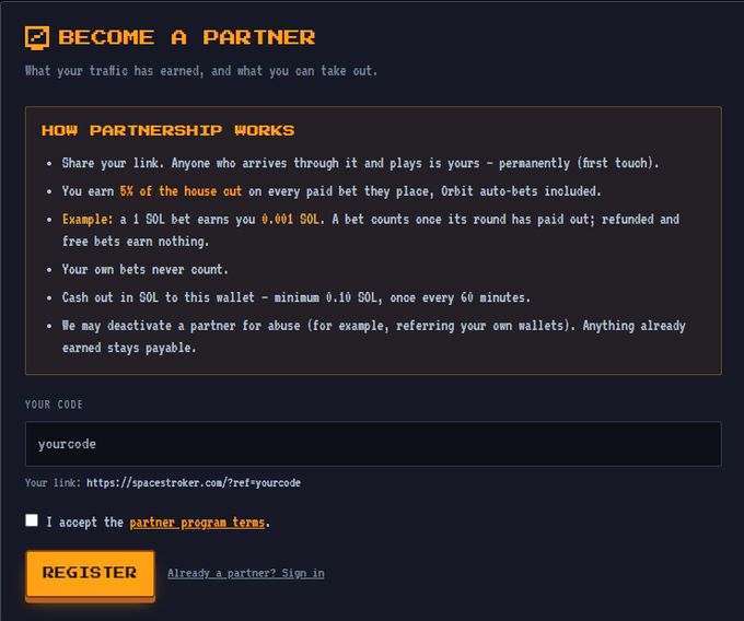 A 'Become a Partner' sign-up page for a program called Spacestroker, explaining the partnership terms and earnings structure, with a 'REGISTER' button at the bottom.