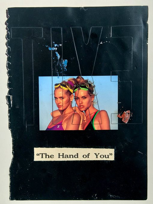 A dark, textured poster design featuring the word "TIME" in large outlined letters, with a central image of two women wearing sunglasses on their heads, and the title "The Hand of You" displayed below.