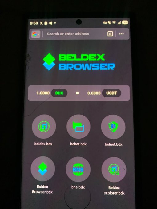 A smartphone displaying the 'Beldex Browser' home screen with a BDX to USDT conversion rate of 1.0000 BDX = 0.0883 USDT, featuring shortcut icons for beldex.bdx, bchat.bdx, belnet.bdx, Beldex Browser.bdx, bns.bdx, and Beldex explorer.bdx.