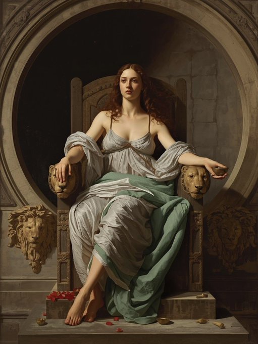 A classical-style oil painting depicting a woman with long dark hair seated on an ornate stone throne flanked by carved lion heads, wearing a draped white and green gown against a stone architectural background.