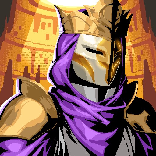 An illustration of a masked warrior wearing golden armor and a purple scarf, set against an orange patterned background.