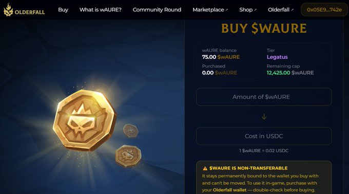 The image shows a leaderboard from an online game, with a gold coin at the top of the page. The text on the screen indicates that the player has won $wAURE for placing the highest score among all participants. The website is called "Olderfall" and it offers rewards to players who achieve high scores in their games. The post also mentions that there are other ways to buy these rewards, such as using USDC (United States Department of Commerce) on Polygon during the game's release period.
