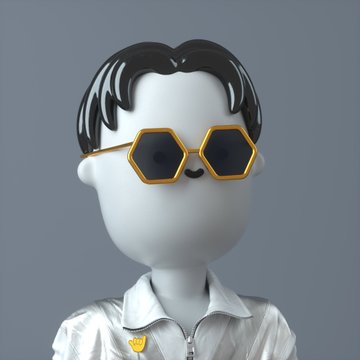 A 3D-rendered character with slick black hair and hexagonal gold-rimmed sunglasses smiles in front of a gray background, visually representing the "bad vibes guy" referenced in the post. The character wears a white collared jacket with a small gold badge, adding to the playful, stylized aesthetic that matches the lighthearted tone of the caption supporting the Panini America blockchain community.