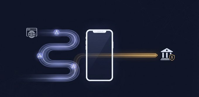 An infographic showing a web browser sending data through a winding purple tunnel to a smartphone, which then transmits an orange stream to a bank vault icon, illustrating secure data transmission.