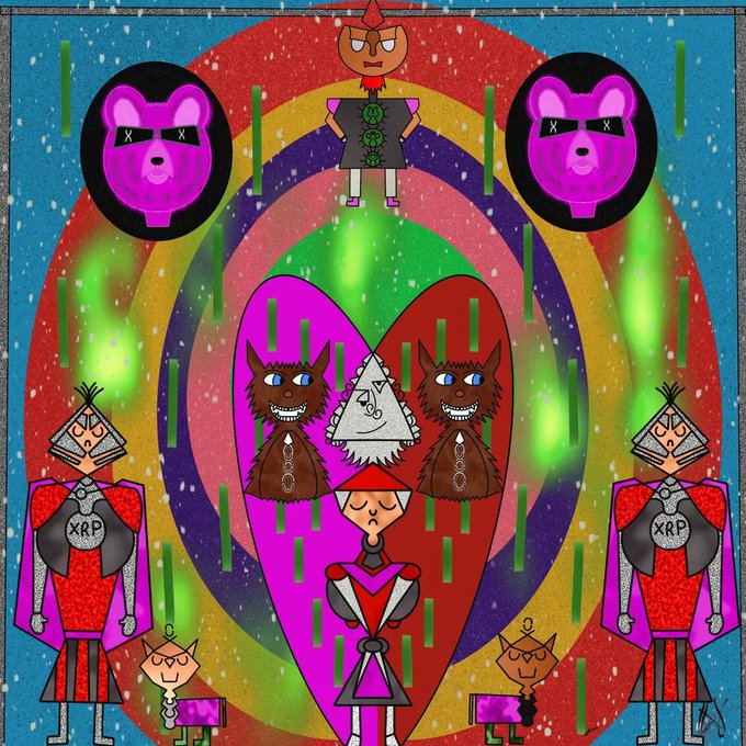 A colorful cartoon illustration featuring pink bear heads, a central red heart with figures, and characters labeled 'XRP' set against a rainbow background.