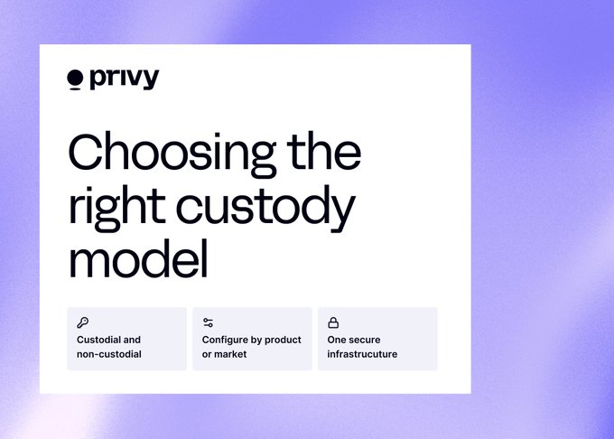 A Privy marketing graphic with the title 'Choosing the right custody model' featuring three categories: Custodial and non-custodial, Configure by product or market, and One secure infrastructure, set against a purple background.