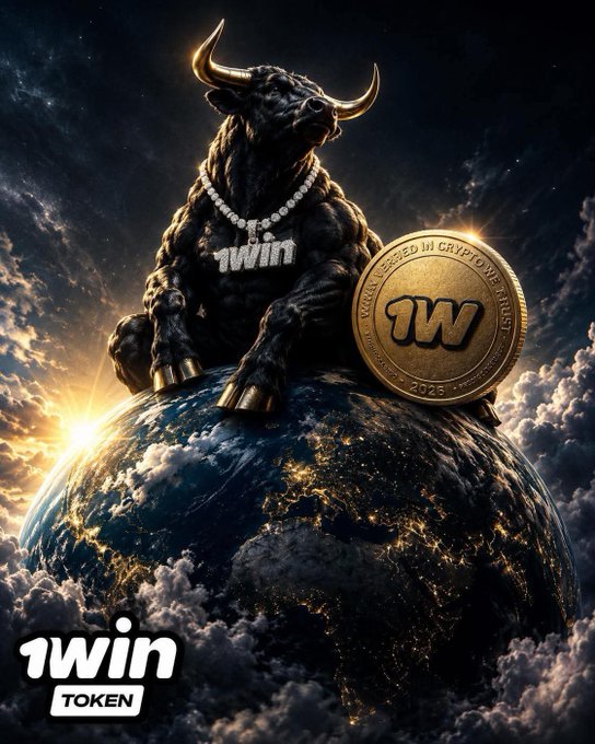 Promotional artwork for 1WIN TOKEN featuring a muscular black bull wearing a diamond necklace with '1win' pendant, sitting atop Earth alongside a gold commemorative coin dated 2025.