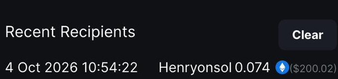 A dark-themed "Recent Recipients" panel displays a transaction entry dated "4 Oct 2026 10:54:22" showing 0.074 ETH (worth $200.02) to "Henryonsol," with a "Clear" button on the right, confirming the $200 crypto tip sent to @HenryOnChain.