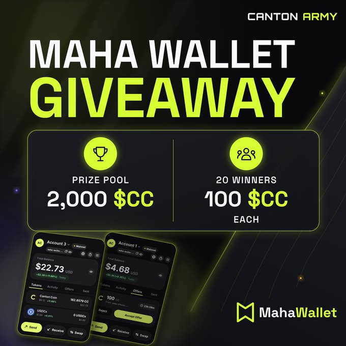 A promotional graphic for a 'Maha Wallet Giveaway' by Canton Army, featuring a prize pool of 2,000 $CC split among 20 winners who will each receive 100 $CC.