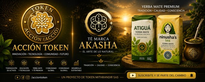 A promotional banner for 'TOKEN ACCIÓN' and 'TÉ MARCA AKASHA' featuring yerba mate products from brands 'ATIGUÁ' and 'ñiruShá's', with the tagline 'UN PROYECTO DE TOKEN MITHRANDIR S.A.S'.