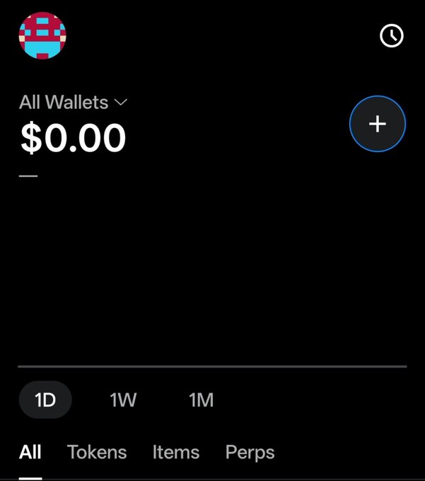 A dark-themed mobile wallet screen displaying a balance of '$0.00' under 'All Wallets', with time period tabs for '1D', '1W', '1M' and category tabs for 'All', 'Tokens', 'Items', and 'Perps'.