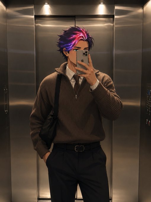 Anime-style illustration of a young man with vibrant pink and purple hair taking a mirror selfie in an elevator, wearing a brown sweater and tie.