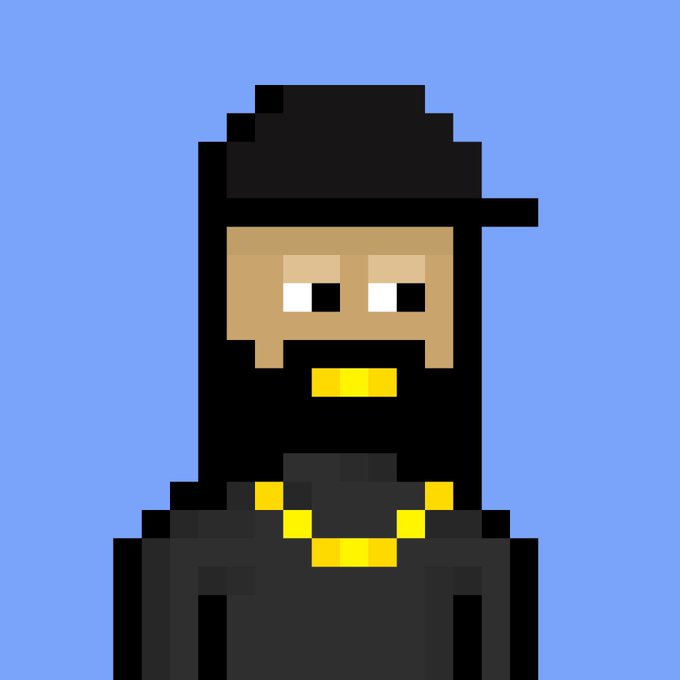 A minimalist pixel art portrait on a blue background depicts a figure with a beard wearing a black hat and a gold chain necklace.